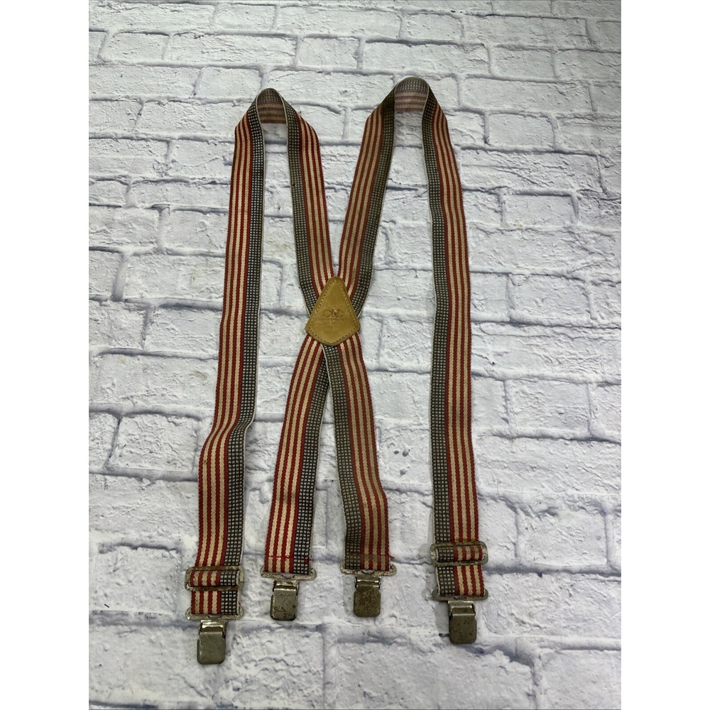 Vintage CLC Custom Leathercraft Mens Suspenders Striped USA X-Back Clip-On Red